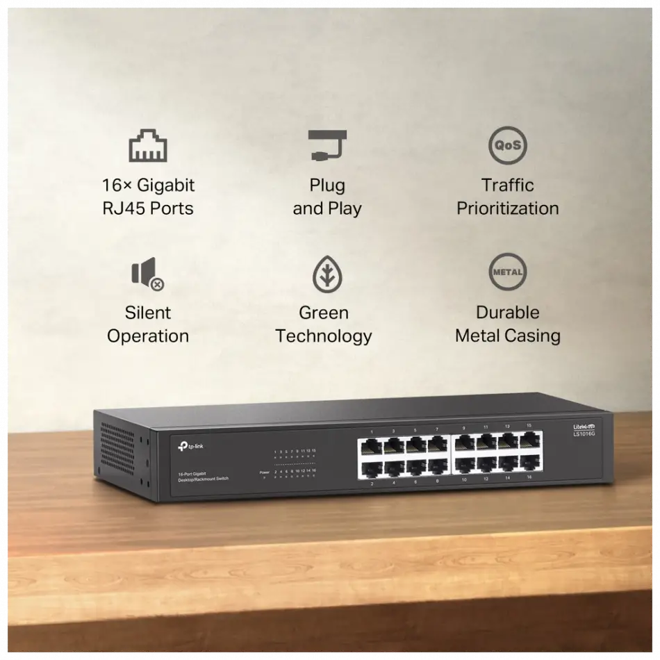 Tp-lınk Ls1016g, Green Tech, 16 Port Gigabit, Yönetilemez, Metal Kasa, Masaüstü Switch
