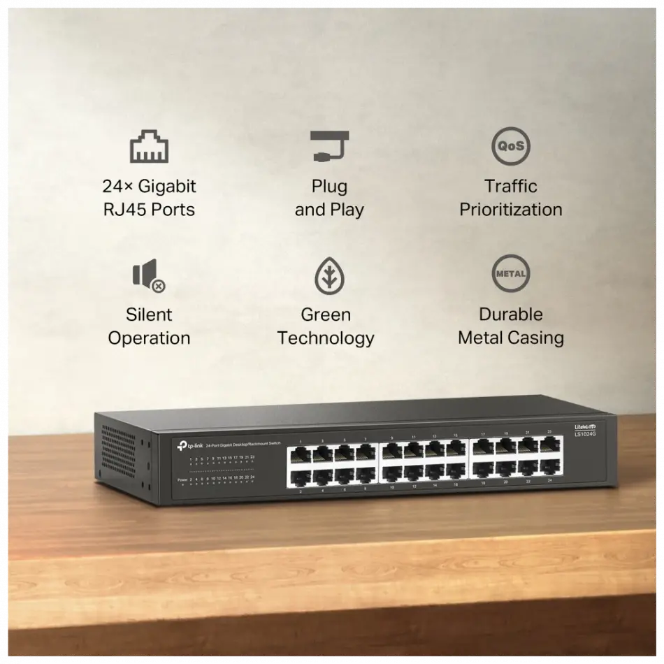 Tp-lınk Ls1024g, Green Tech, 24 Port Gigabit, Yönetilemez, Metal Kasa, Masaüstü Switch