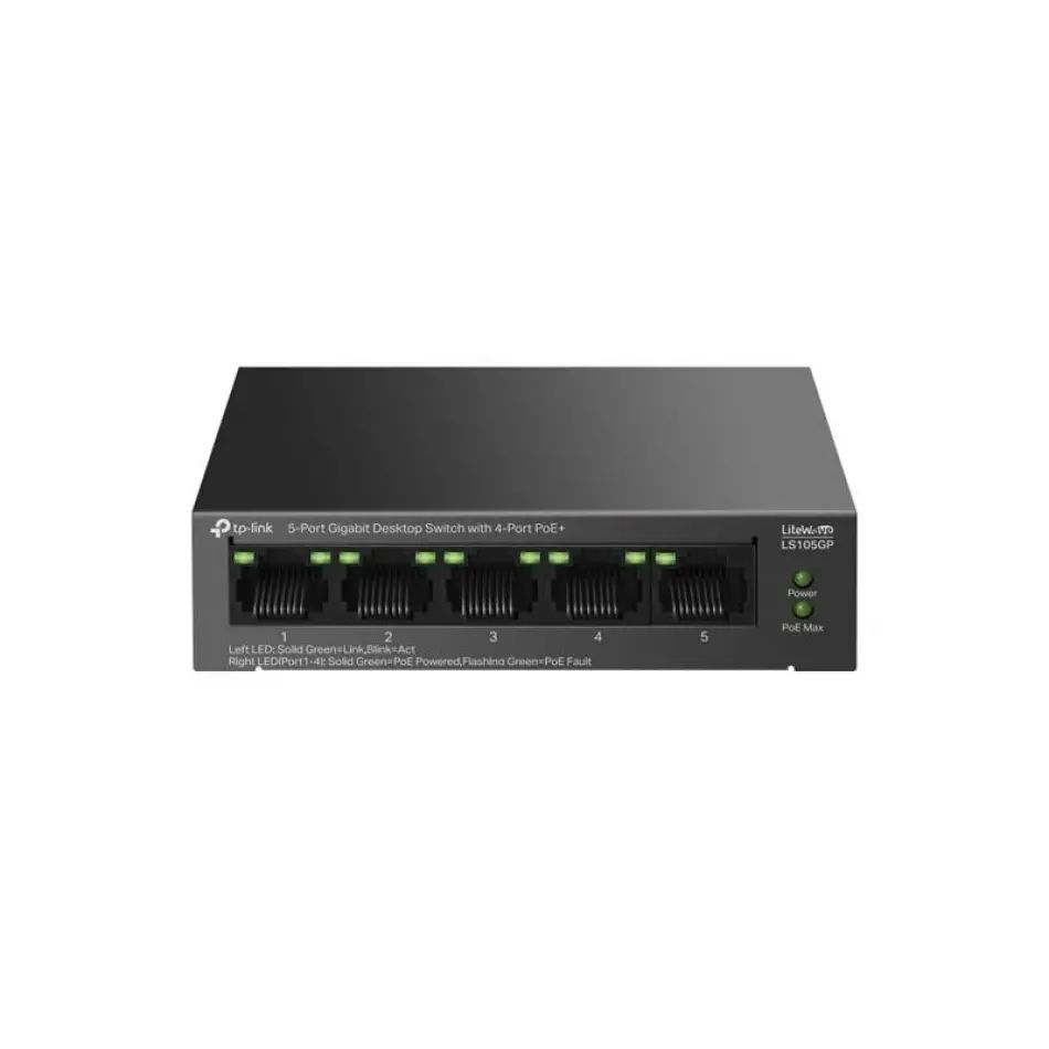 Tp-lınk Ls105gp 4 Port Gıgabıt + 1 Port Rj45 Uplınk Poe 65w 250 Metre Poe Mesafe Metal Kasa Swıtch