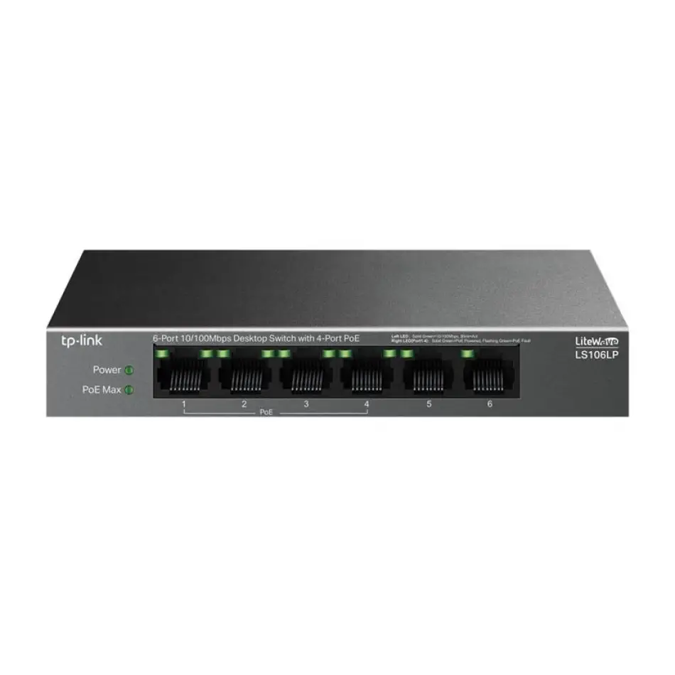 Tp-lınk Ls106lp 4 Port 10/100 + 2 Port Rj45 Uplınk 41w 250 Metre Poe Mesafe Metal Kasa Swıtch