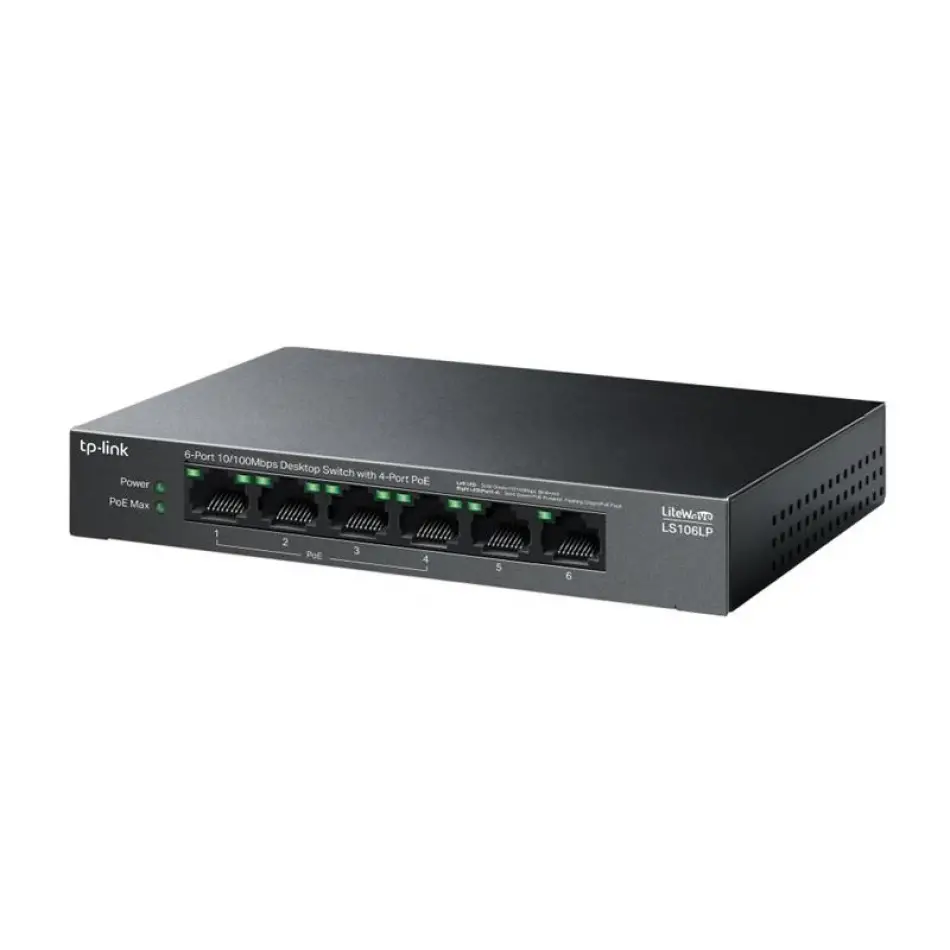 Tp-lınk Ls106lp 4 Port 10/100 + 2 Port Rj45 Uplınk 41w 250 Metre Poe Mesafe Metal Kasa Swıtch