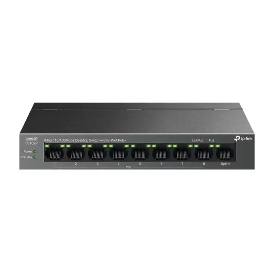Tp-lınk Ls109p 8 Port 10/100 +1 Port Rj45 Uplınk 63w 250 Metre Poe Mesafe Metal Kasa Swıtch