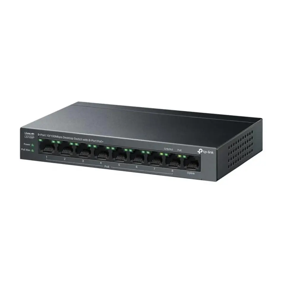 Tp-lınk Ls109p 8 Port 10/100 +1 Port Rj45 Uplınk 63w 250 Metre Poe Mesafe Metal Kasa Swıtch
