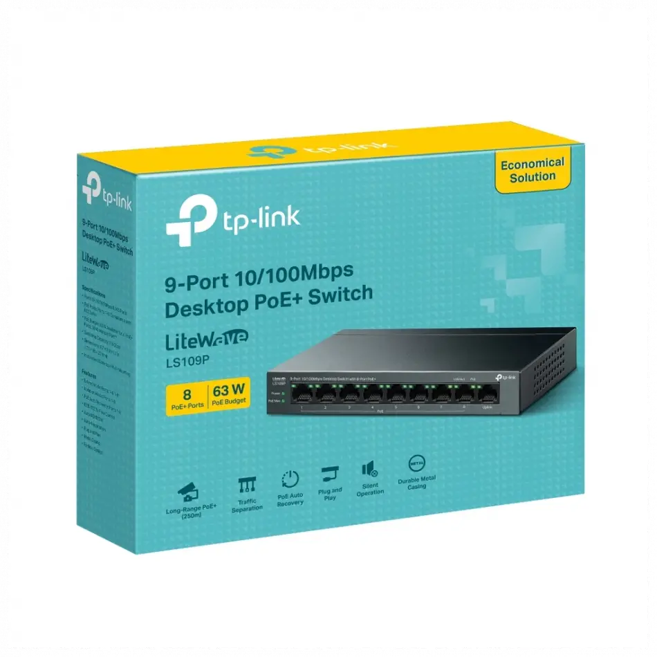 Tp-lınk Ls109p, Green Tech, 8 Port Megabit, Poe 63w, 1 Port Uplink, Long Range 250mt, Yönetilemez, Metal Kasalı Switch
