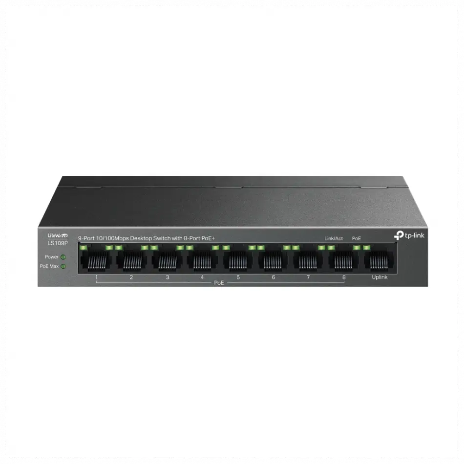 Tp-lınk Ls109p, Green Tech, 8 Port Megabit, Poe 63w, 1 Port Uplink, Long Range 250mt, Yönetilemez, Metal Kasalı Switch