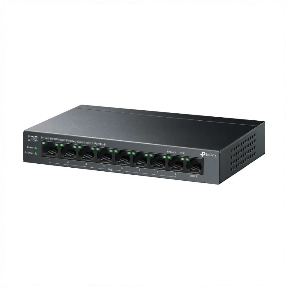Tp-lınk Ls109p, Green Tech, 8 Port Megabit, Poe 63w, 1 Port Uplink, Long Range 250mt, Yönetilemez, Metal Kasalı Switch