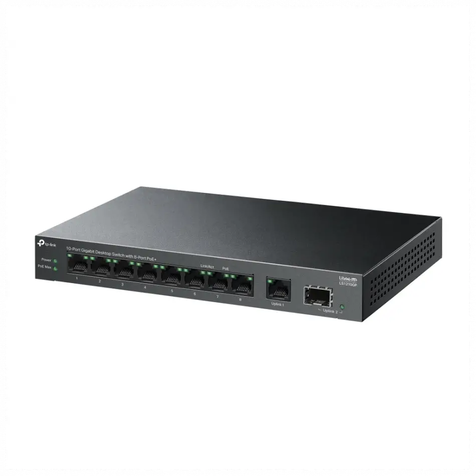 Tp-lınk Ls1210gp, Green Tech, 8 Port Gigabit, Poe 61w, 1 Port Gigabit Uplink, 1 Port Gigabit Sfp, Yönetilemez Masaüstü Switch