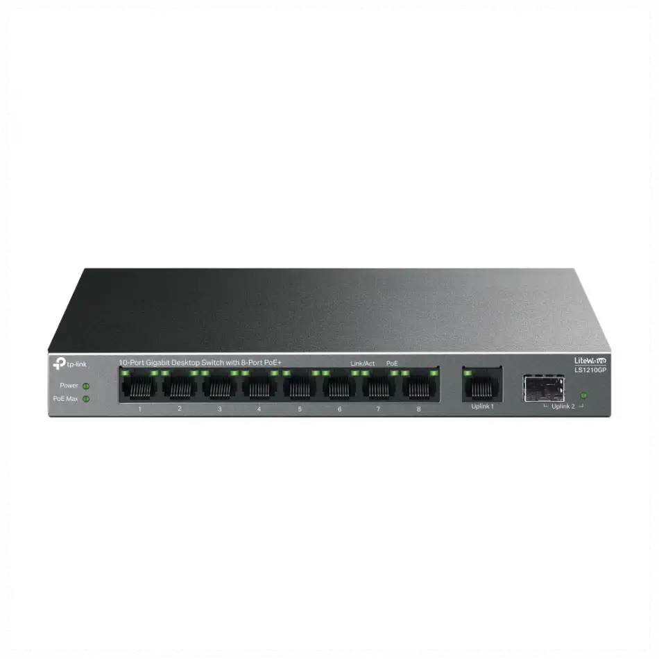 Tp-lınk Ls1210gp, Green Tech, 8 Port Gigabit, Poe 61w, 1 Port Gigabit Uplink, 1 Port Gigabit Sfp, Yönetilemez Masaüstü Switch