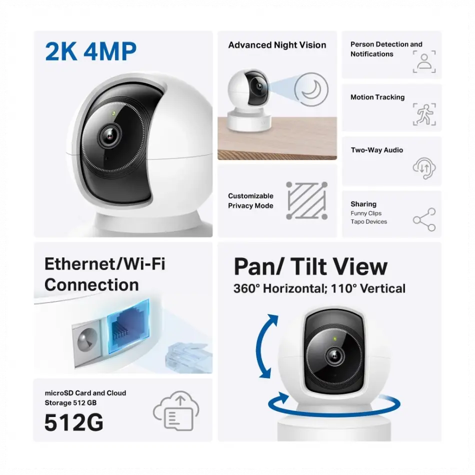 Tp-lınk Tapo C222, 4,0mpix, İç Ve Dış Mekan, Wifi-ethernet, 12mt. Gece Görüşü, 360 Dönüş, Dikey Ve Yatay Hareket, İki Yönlü Ses, Yapay Zeka Destekli Güvenlik Kamerası