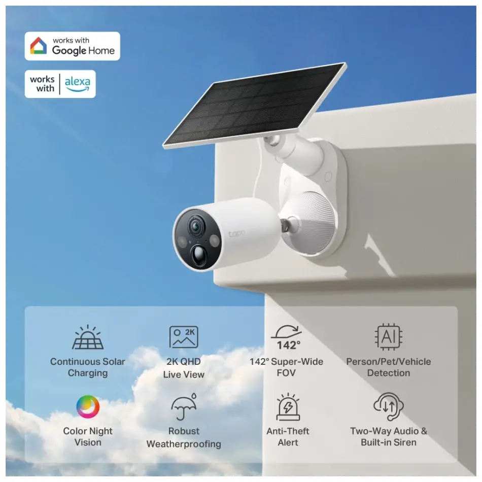 Tp-lınk Tapo Tc85 Kıt (c425 Kıt), 2k Qhd, 4,0mpix, Dış Mekan, Ip66, Wifi, 15mt. Renkli Gece Görüşü, İki Yönlü Ses, Yapay Zeka Destekli, Güneş Enerjili Güvenlik Kamerası Kiti