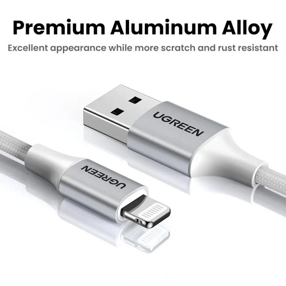 Ugreen Lıghtnıng To Usb-a Örgülü Mfi Sertifikalı İphone Hızlı Şarj Kablosu 2 Metre Gümüş 60163
