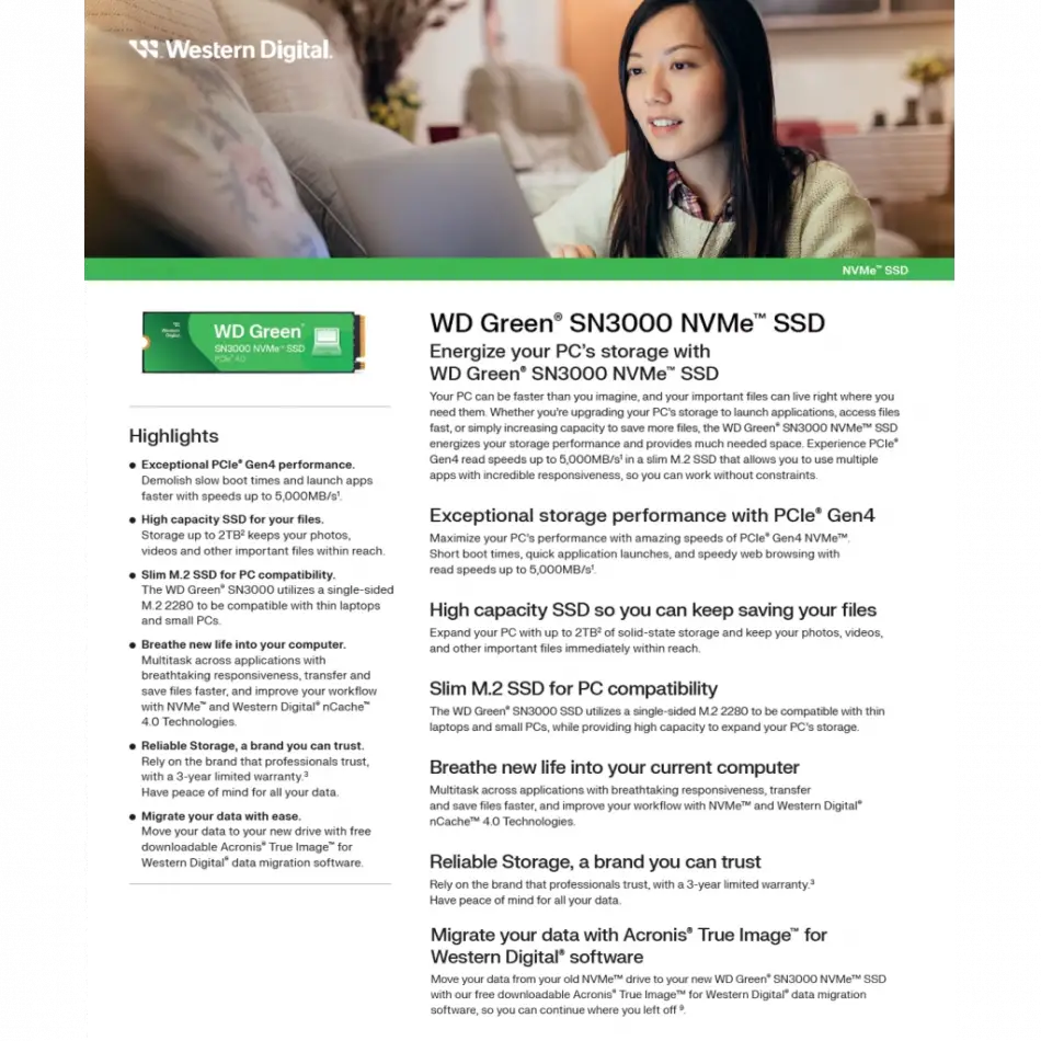 Wd Green Sn3000, Wds100t4g0e, 1tb, 5000/4200, Gen4, Nvme Pcıe M.2 2280, Ssd