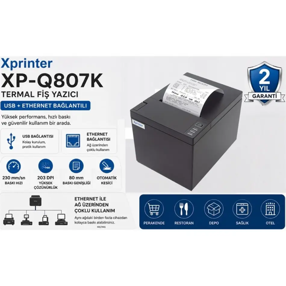 Xprınter Xp-Q807k 203dpı Direkt Termal Usb+ethernet Otomatik Kesici Fiş Yazıcı