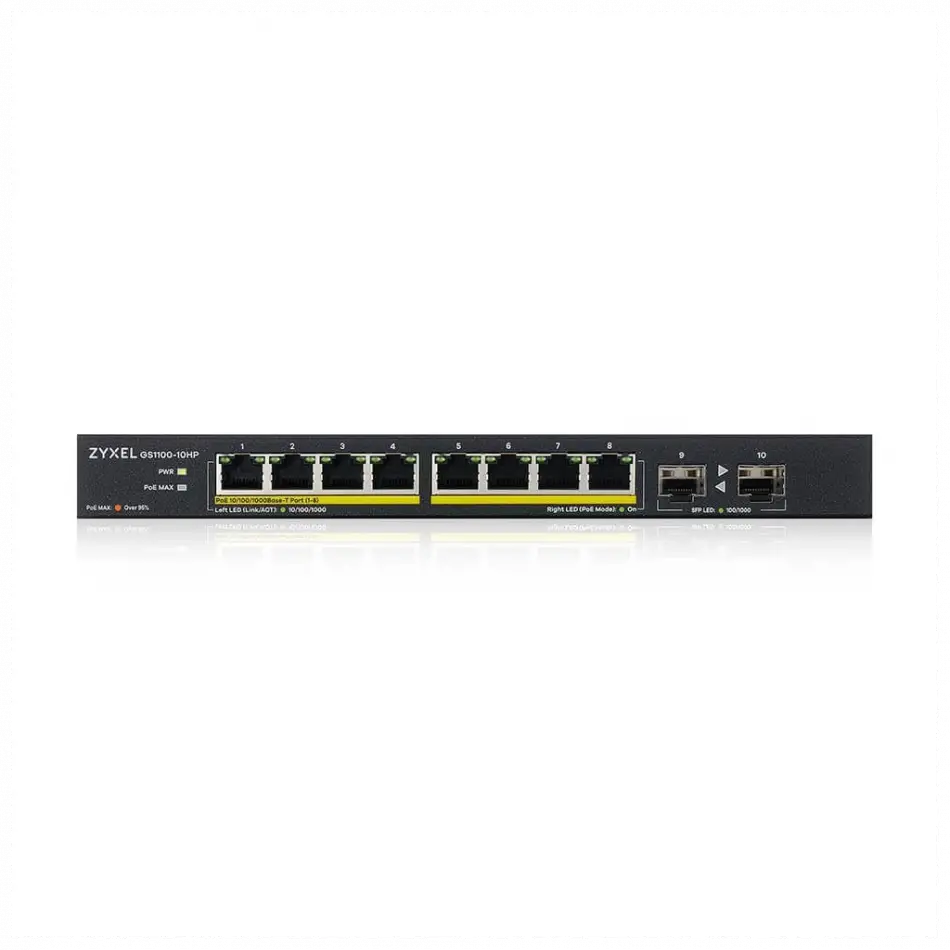 Zyxel Gs1100-10hp, 8 Port, Gigabit, Poe 130w, 2 Port Gigabit Sfp, Yönetilemez, Masaüstü Switch