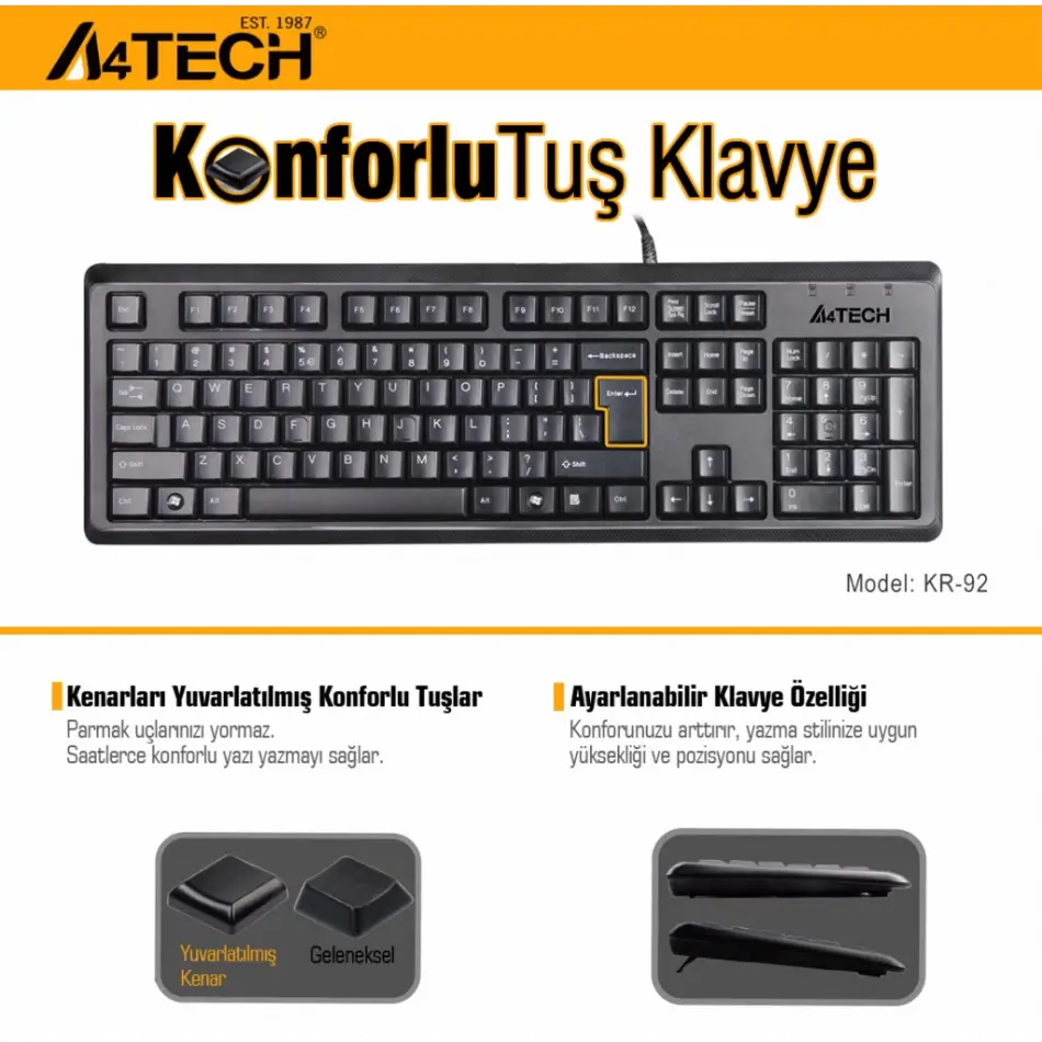 A4 Tech Kr-92, Siyah, Usb Kablolu, Türkçe Q, Multimedya, Klavye