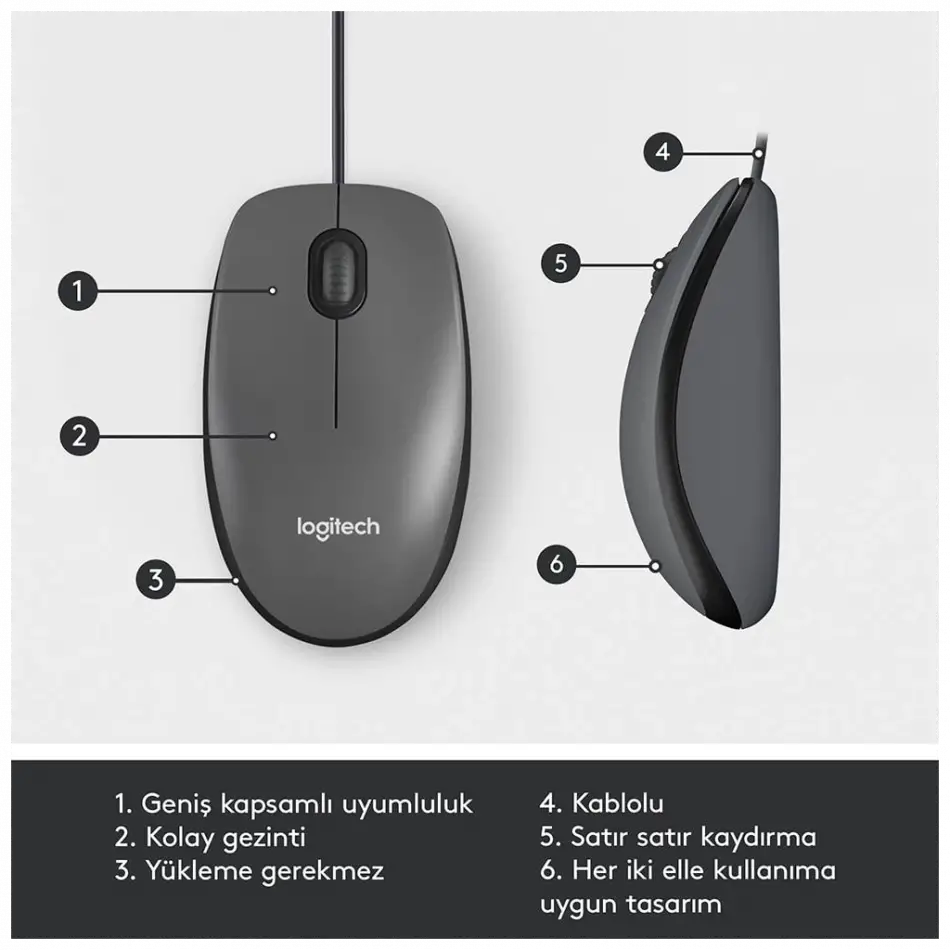 Logıtech 910-006652, M100 Siyah, Usb Kablolu, 1000dpi, Optik, 3 Tuşlu, Mouse