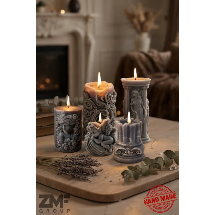 5li Antik Mum Seti - Gri Mermer Desen Özel Seri Tamamı Mum