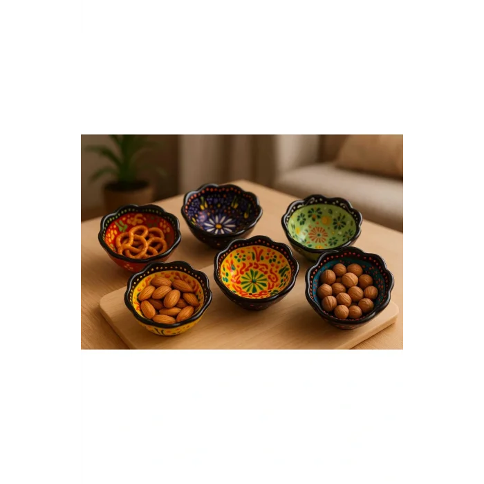 6lı Çeşitli Çini işlemeli Sosluk Çerezlik Sunumluk Kase Tabak