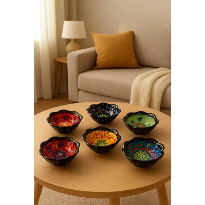 6lı Çeşitli Çini işlemeli Sosluk Çerezlik Sunumluk Kase Tabak