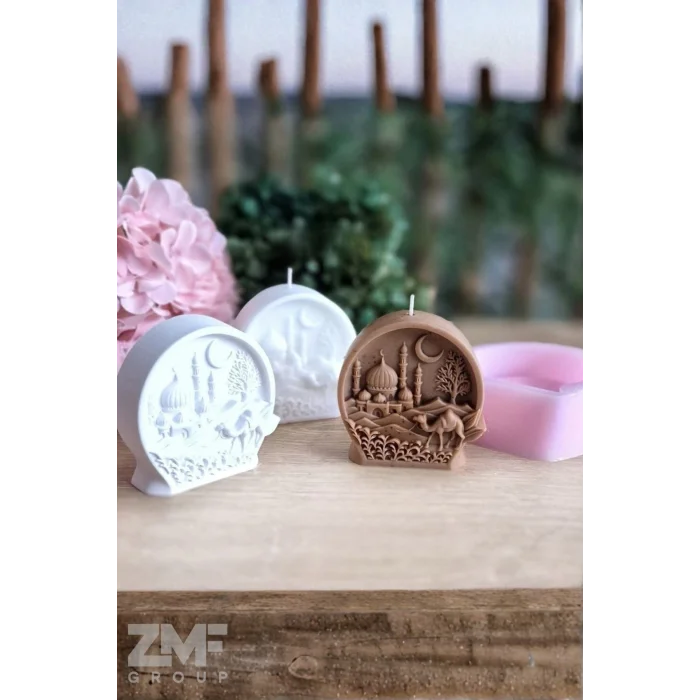 Ramazan Temalı Silikon Kalıp Yuvarlak Form Sahra Mescit ve Hilal Desenli Mum Taştozu Epoksi