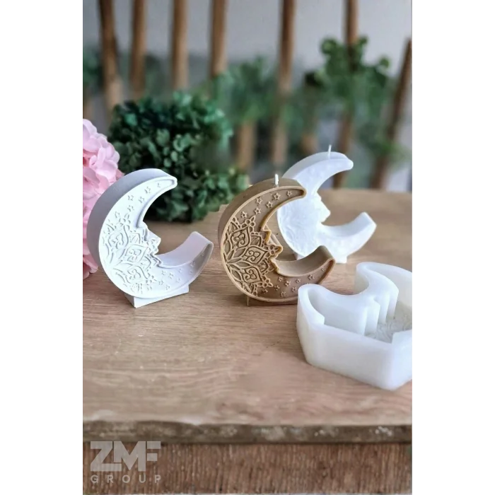 Ramazan Temalı Silikon Mum Kalıbı Hilal ve Çiçek Desen Detaylı Taştozu Epoksi