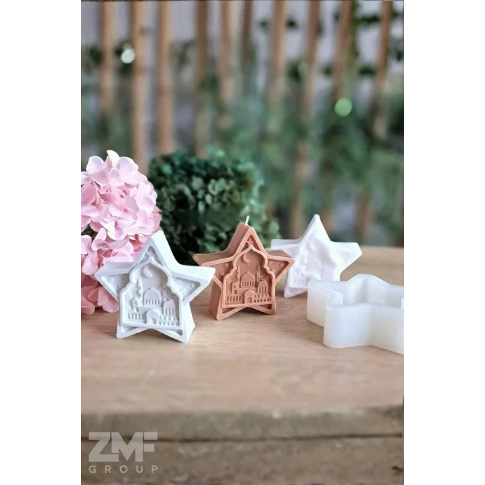 Yıldız Form Ramazan Temalı Silikon Mum Kalıbı Mescit Ve Hilal Desenli Taştozu Kalıp