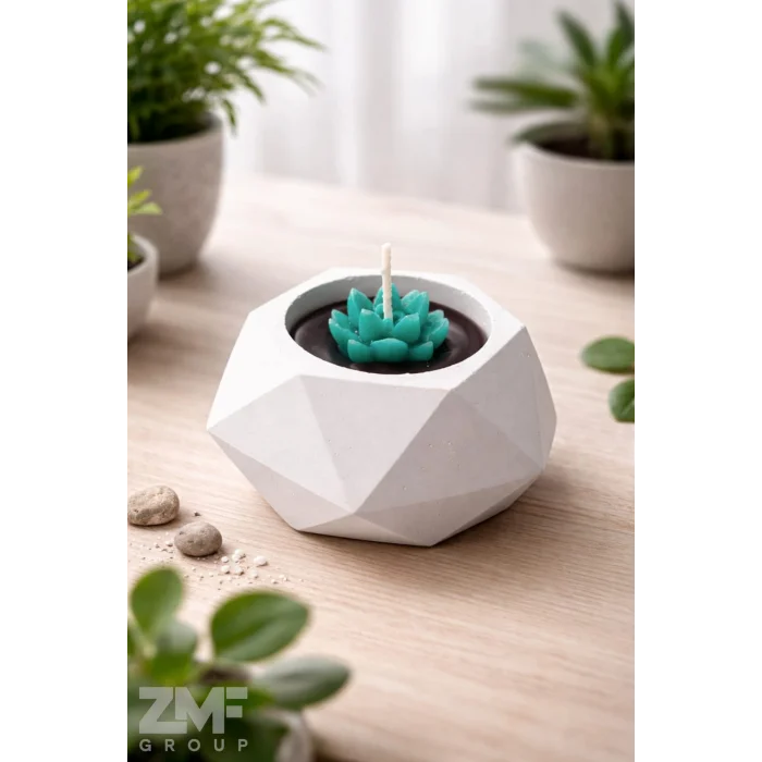 Kristal Form Beton Saksı İçinde Dekoratif Sukulent Mum