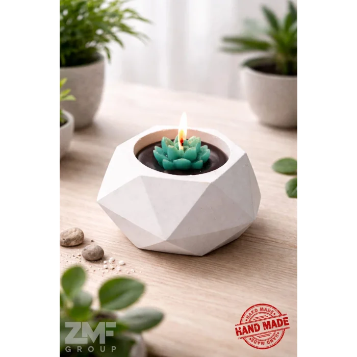 Kristal Form Beton Saksı İçinde Dekoratif Sukulent Mum