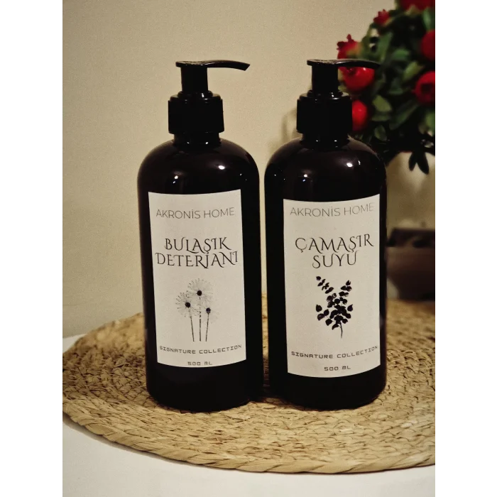 Bulaşık Deterjanı ve Çamaşır Suyu Etiketli Plastik Amber Dekoratif Şişe 500ml