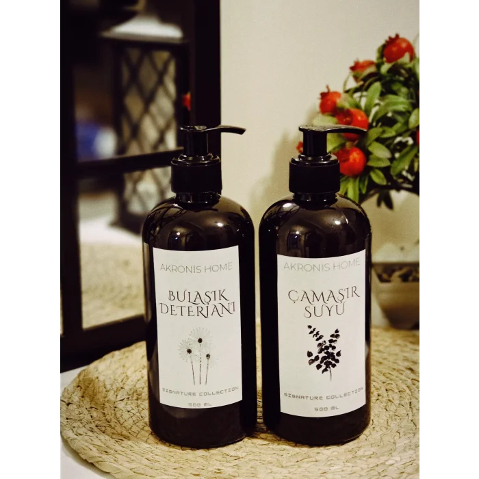 Bulaşık Deterjanı ve Çamaşır Suyu Etiketli Plastik Amber Dekoratif Şişe 500ml