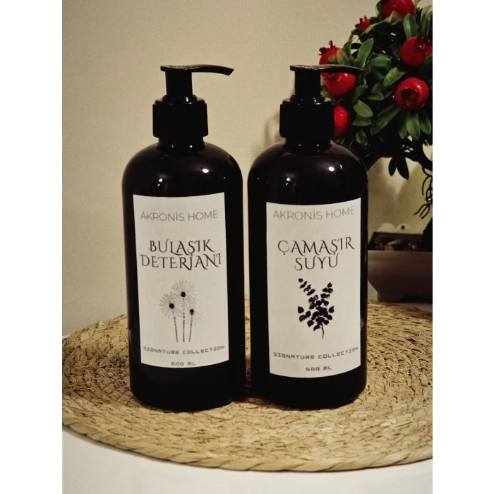Bulaşık Deterjanı ve Çamaşır Suyu Etiketli Plastik Amber Dekoratif Şişe 500ml