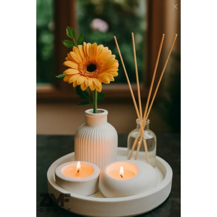 Dekoratif 5li Set Tepside Vazo, Sandal Ağacı Kokulu Mum, Tealight Mumluk ve Oda Kokusu