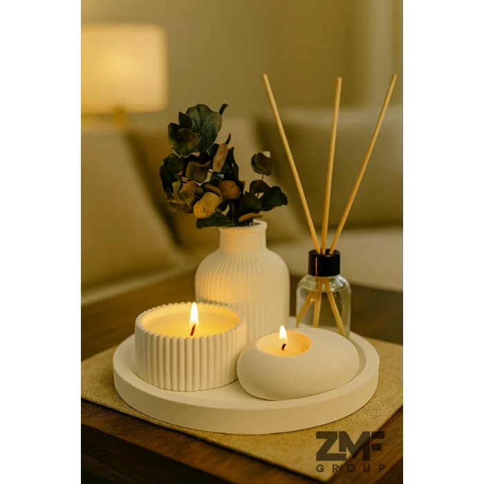 Dekoratif Tepside 5 Li Set Çizgili Vazo, Vanilya Kokulu Mum, Tealight Mumluk, Oda Kokusu