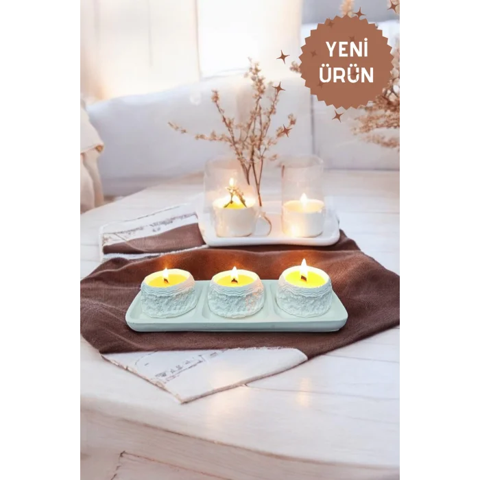 Dekoratif Tepside Kayalık Detaylı Üçlü Mum Seti