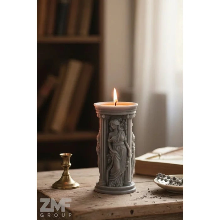 El Yapımı Antik Sütun Heykel Mum – Gri Mermer Efektli Özel Tasarım