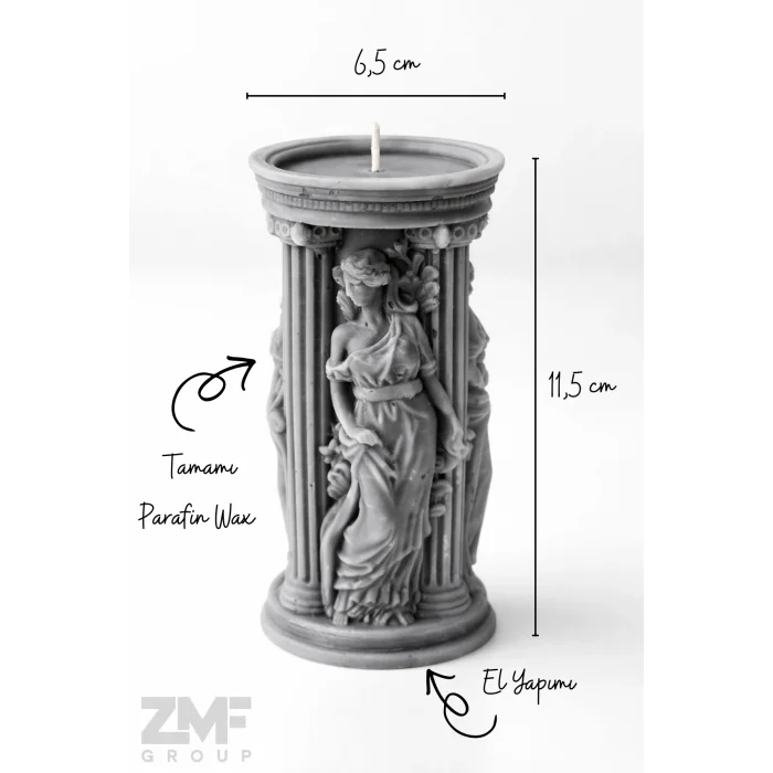 El Yapımı Antik Sütun Heykel Mum – Gri Mermer Efektli Özel Tasarım