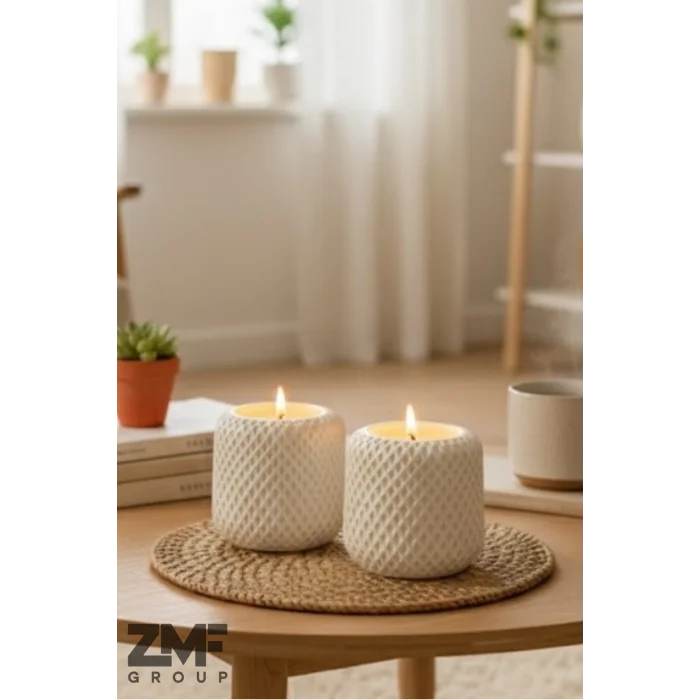 Hasır Örgü Desenli 2 Adet Beyaz Beton Sandal Ağacı Kokulu Mum
