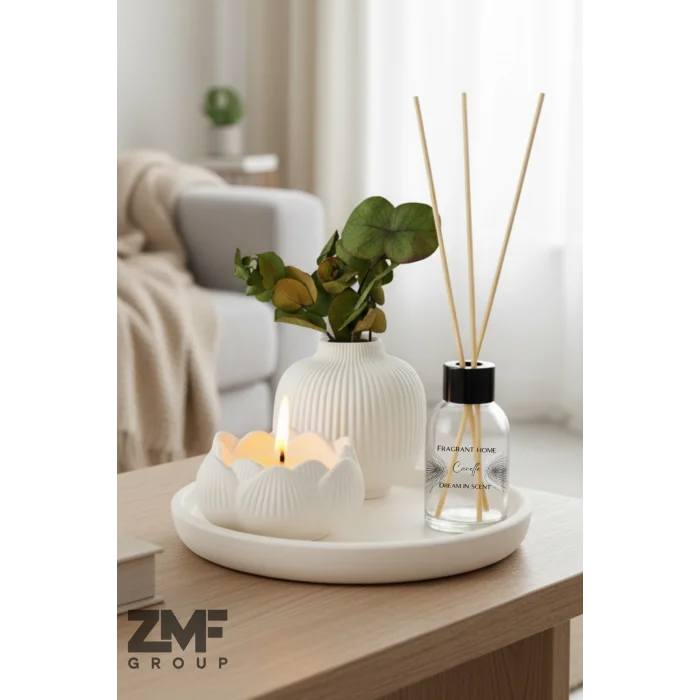 Hediyelik Tepside İskandinav Vazo Bebek Pudrası Kokulu Lotus Mum ve Oda Kokusu