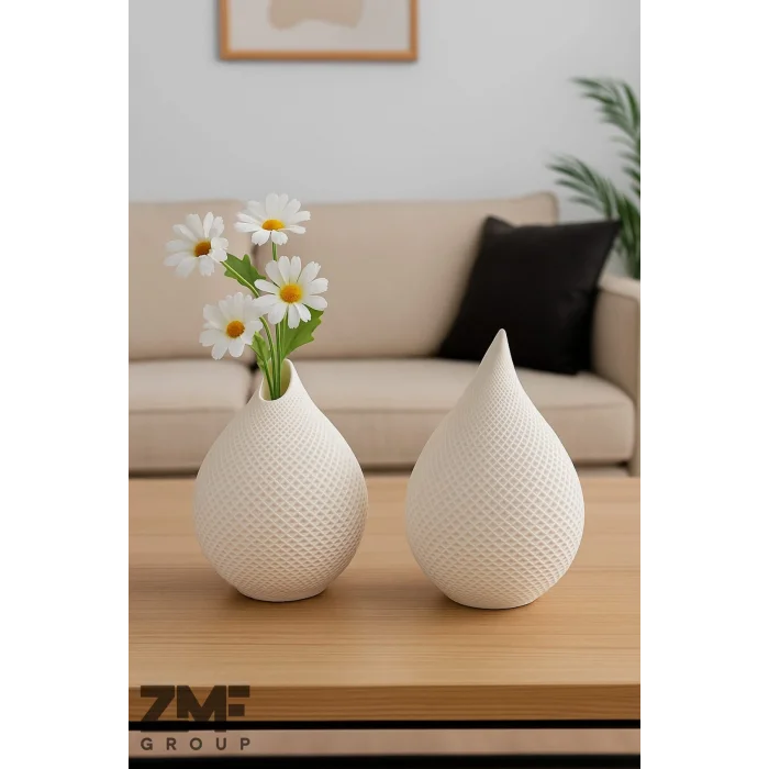 İkili Hasır Izgara Desen Beyaz Damla Vazo Set