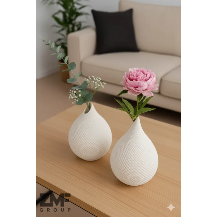 İkili Hasır Izgara Desen Beyaz Damla Vazo Set