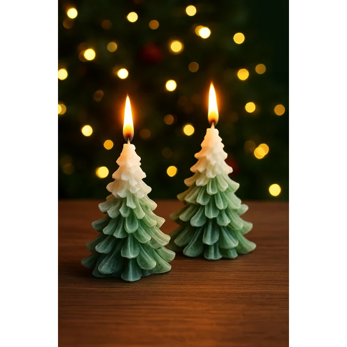 İkili Yılbaşı Temalı Dekoratif Üzeri Karlı Çam Ağacı Mum