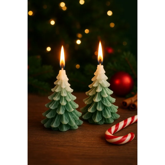 İkili Yılbaşı Temalı Dekoratif Üzeri Karlı Çam Ağacı Mum