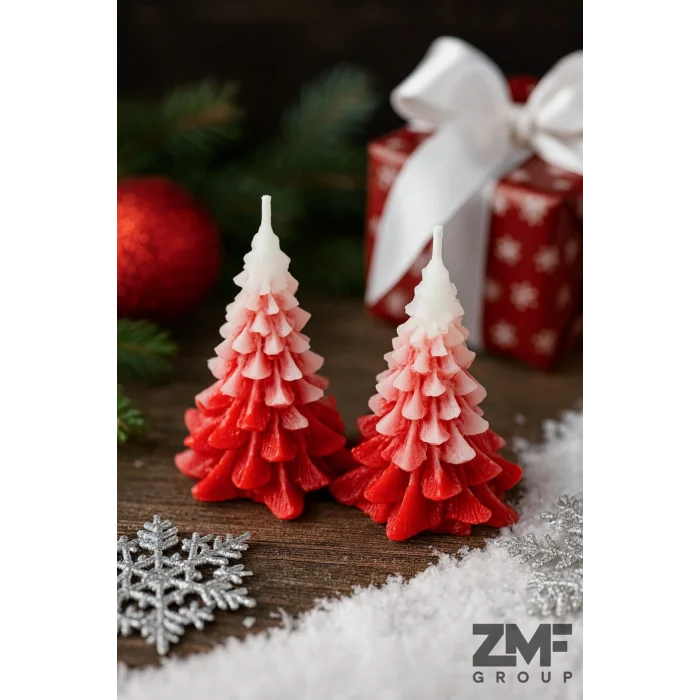 İkili Yılbaşı Temalı Dekoratif Üzeri Karlı Kırmızı Çam Ağacı Mum