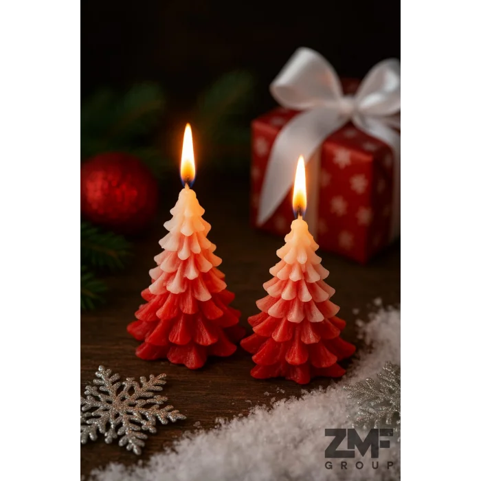 İkili Yılbaşı Temalı Dekoratif Üzeri Karlı Kırmızı Çam Ağacı Mum