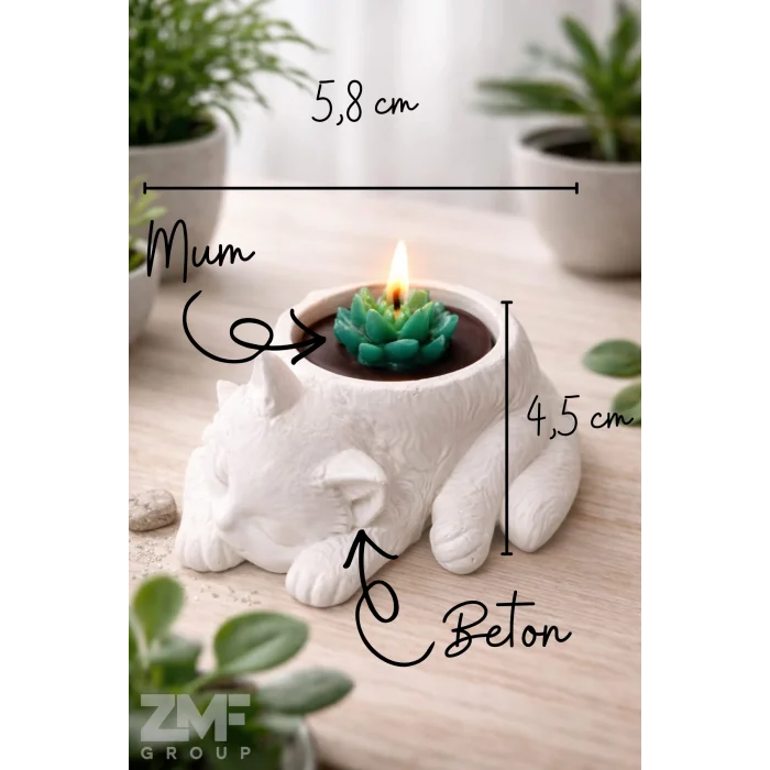 Kedi Detaylı Sukulent Saksı İçinde Dekoratif Mum