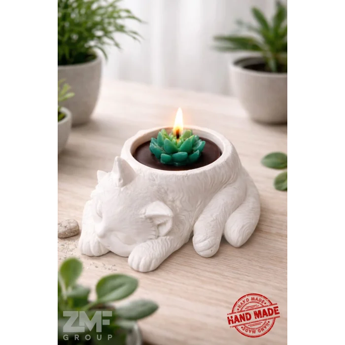 Kedi Detaylı Sukulent Saksı İçinde Dekoratif Mum