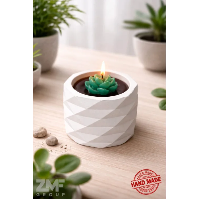 Beton Geometrik Saksı İçinde Dekoratif Sukulent Mum