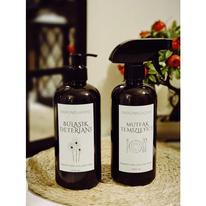 Mutfak Temızleyici ve Bulaşık Deterjanı Etiketli Dekoratif Plastik Amber Şişe 500ml