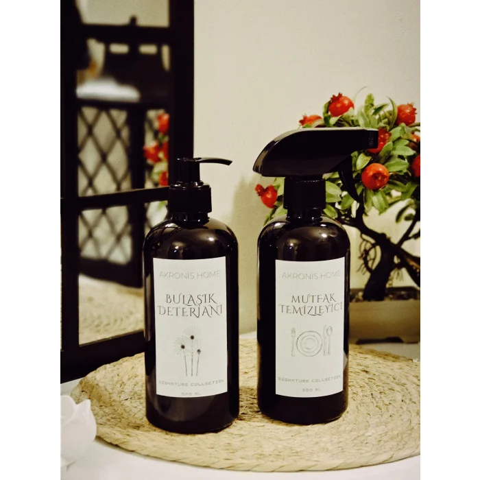 Mutfak Temızleyici ve Bulaşık Deterjanı Etiketli Dekoratif Plastik Amber Şişe 500ml