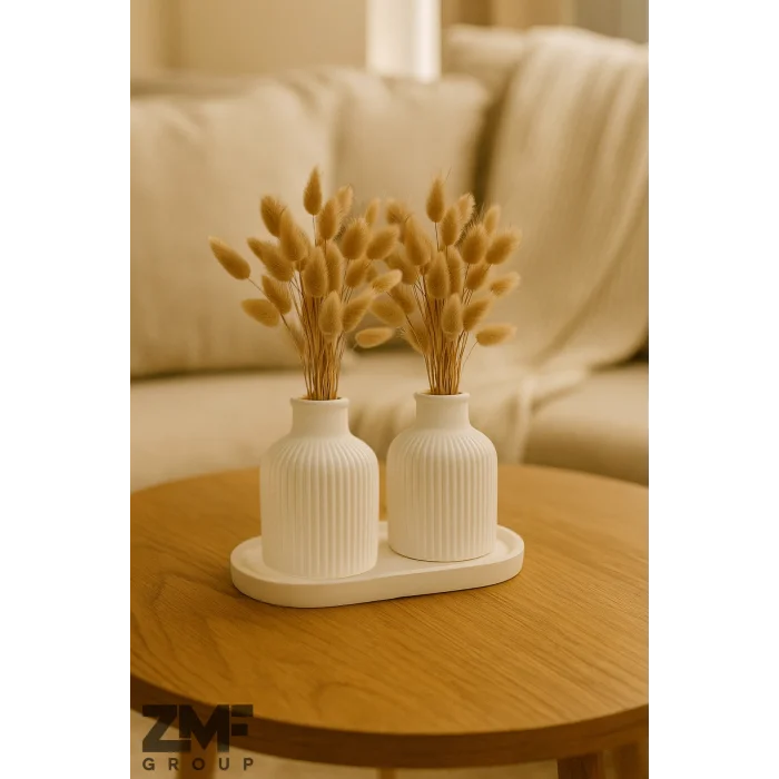 Pampas Vazo Takımı 2li Beyaz Beton Ev Dekorasyonu Stant Dahildir